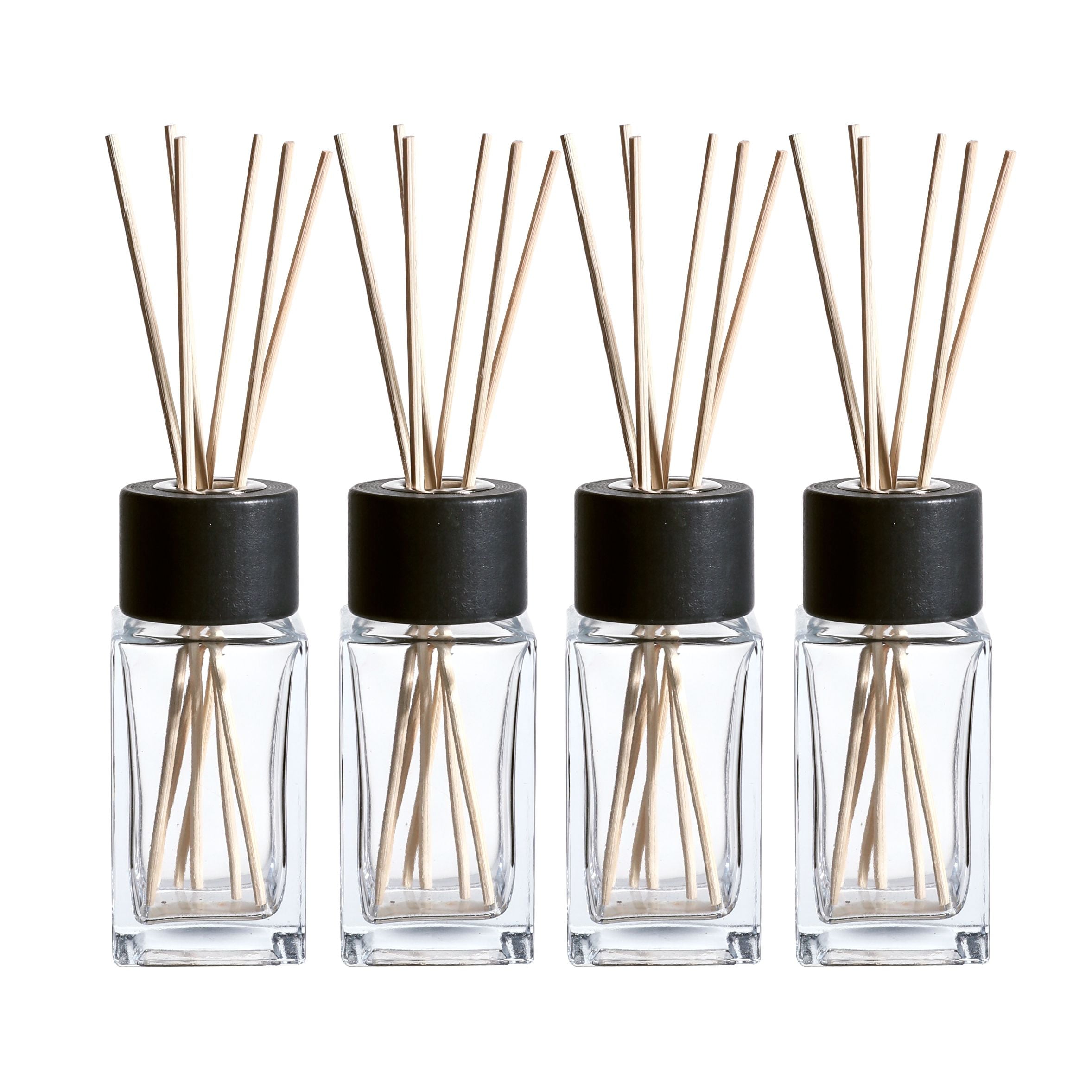 Clear Glass Diffuser Bottles with Natural Reed Sticks and Black Wood