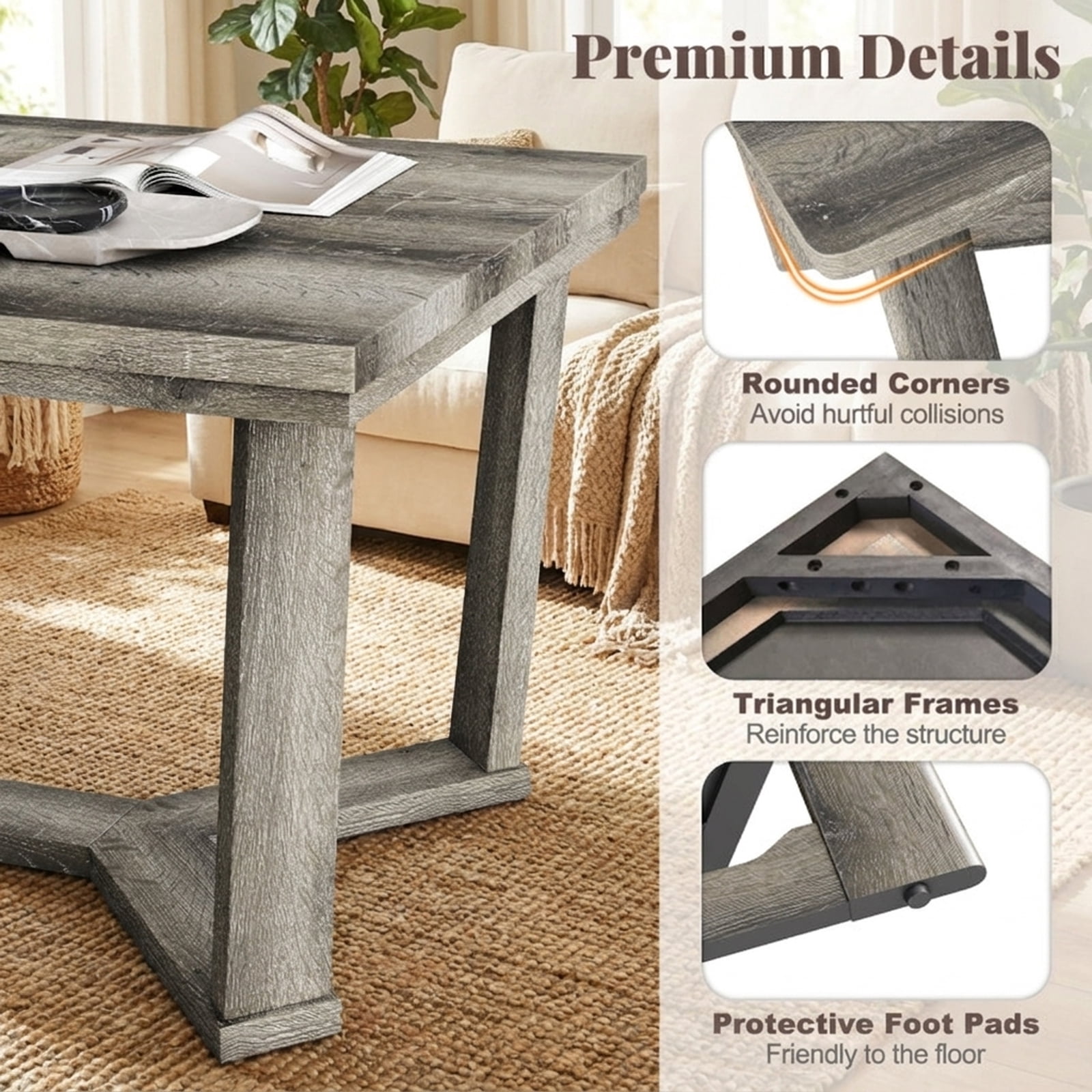 Furnibear Rectangle Coffee Table Rubber Wood Base with Cross-Shaped Base - Gray - Living Room Cocktail Center Table