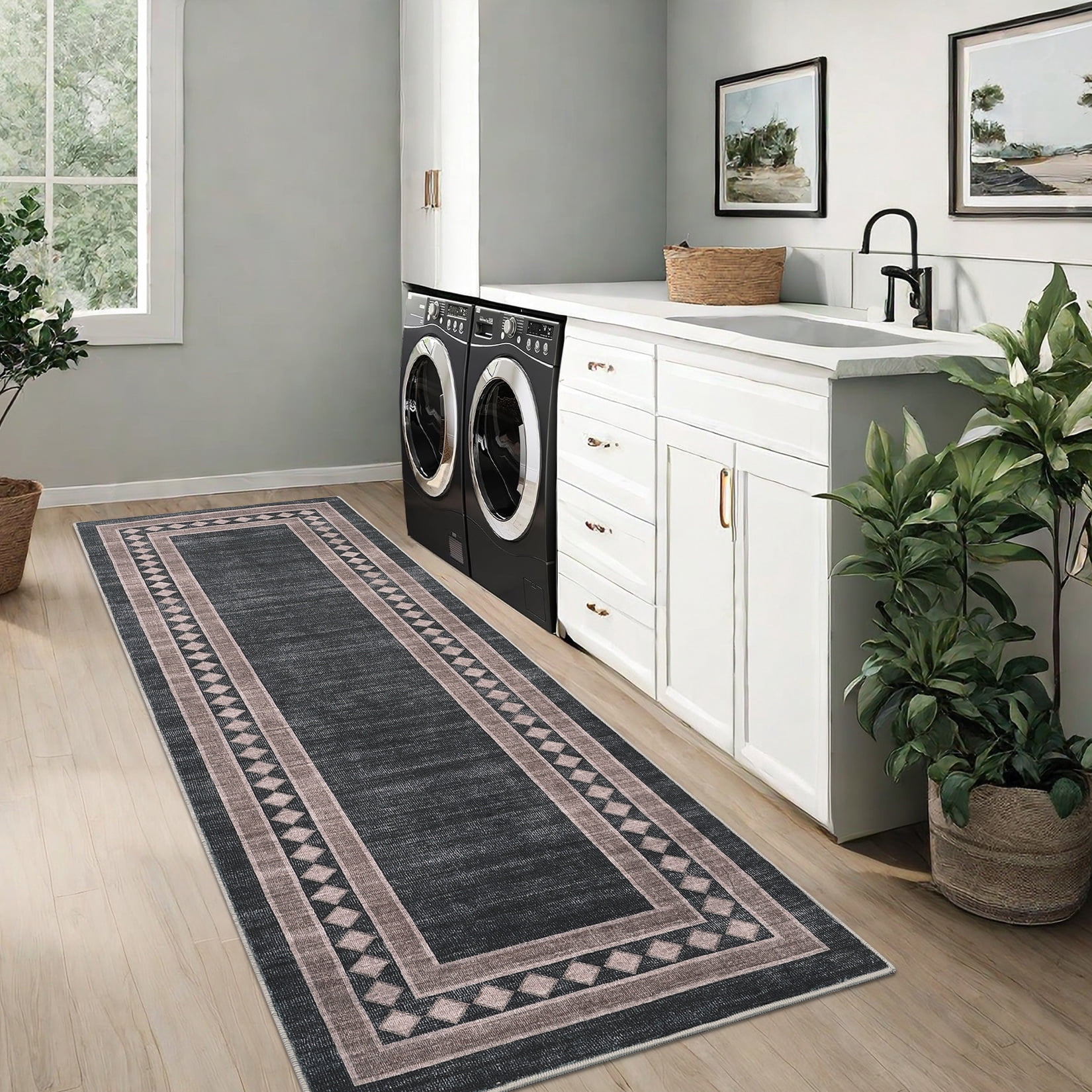 Garvee 2'x6' Modern Runner Rug Solid Bordered Rugs, Washable Geometric Neutral Accent Carpet with Non-Slip Backing, Low Pile Stain-Resistant Rug for Entryway Laundry Bathroom Bedside, Black Brown