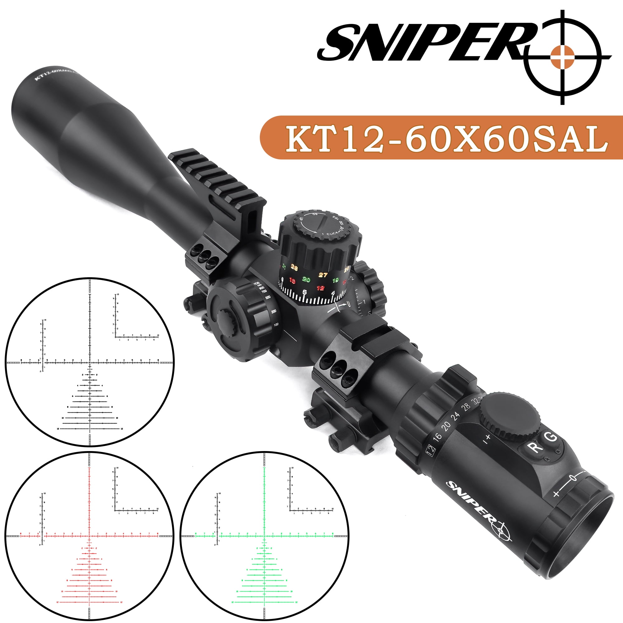 KT 12-60X60 SAL Rifle Scope 35mm Tube Side Parallax Adjustment Glass Etched Reticle Red Green Illuminated with Scope Rings