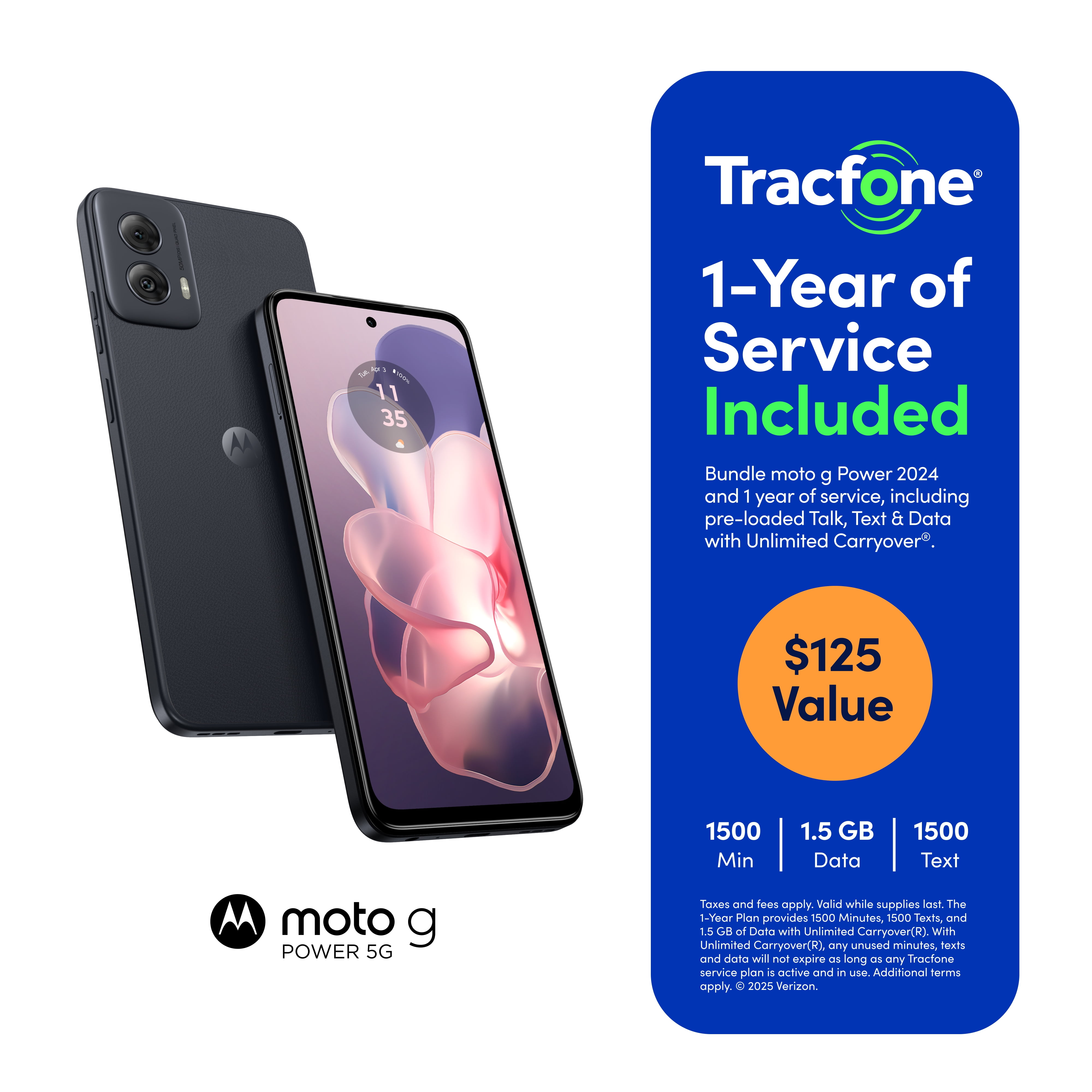 Tracfone Motorola Moto G Power 2024, 5G, 128GB, Black, Includes 1 Year $125 Service Plan - Prepaid Smartphone [Locked to Tracfone]
