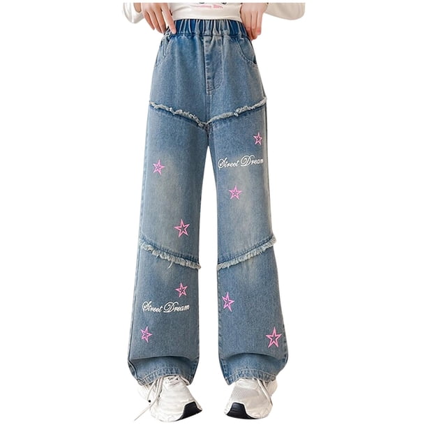 Odeerbi 5-15 Años Niñas Jeans de Piernas Anchas Pantalones de Vaquero Sueltos Pantalones de Piernas Rectas