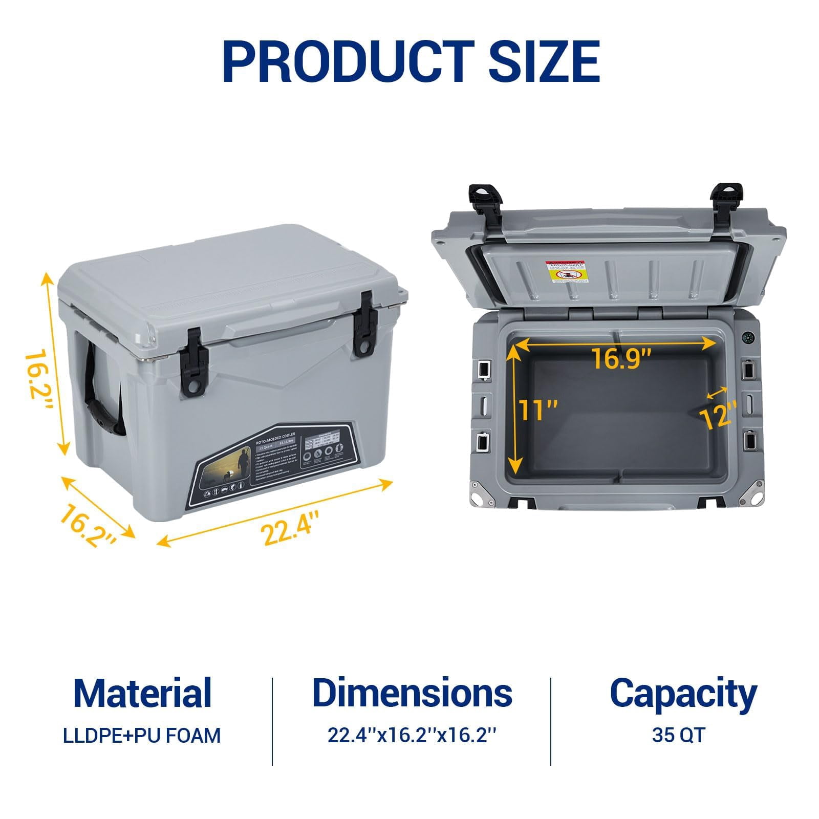 35 Quart Portable Ice Cooler, Heavy Duty Ice Chest with Portable Cup Holder, Fish Ruler, Bottle Openers, Camping Cooler for Beach Boat ,Cold Grey