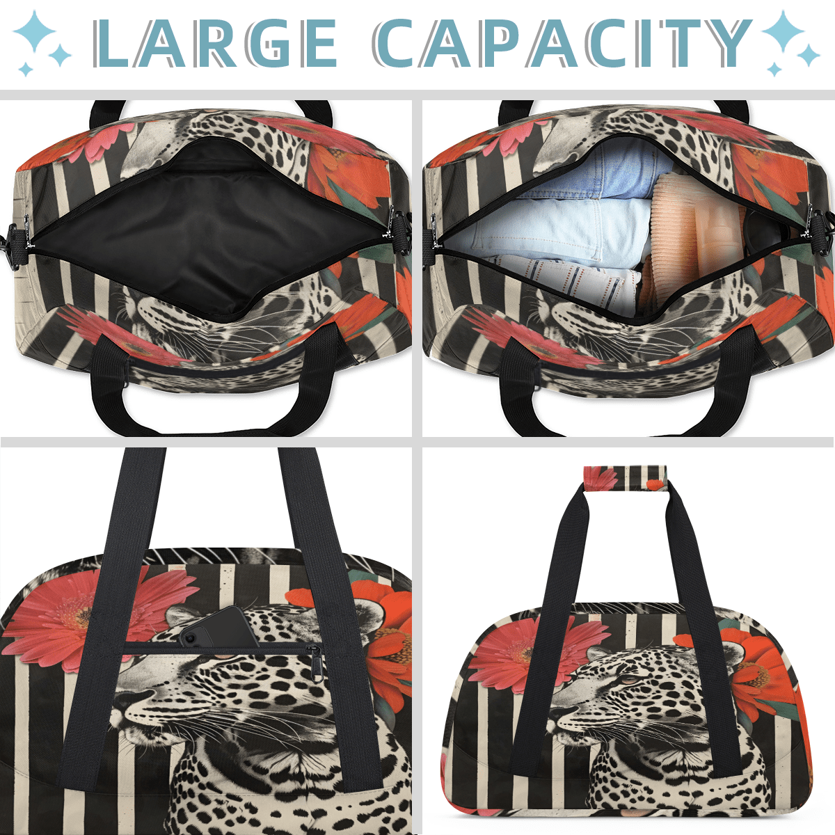 Herdesigns Leopard Sports Duffle Bag for Women & Men, Gym Bag Dance Bag Overnight Bag Carry On Weekender Travel Bag