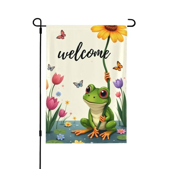 Spring Summer Happy Garden Flag Welcome For Outside Green Frog Sitting Of Yellow Flower In A Pond 12×18 In Double Yard Flag Outdoor Farmhouse Decoration Home Festival Gazebo TerraceMother's Day