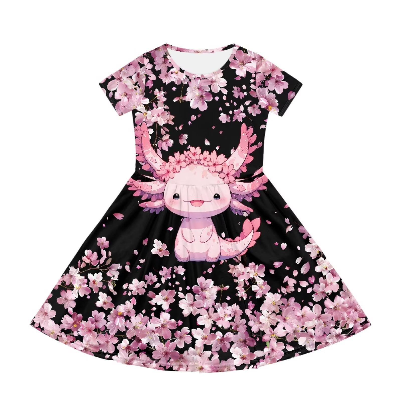 Uourmeti Axolotl Sundress 2-14Y Girls Cute Short Sleeve Swing Dress Cherry Blossom Summer Soft Round Neck Midi Fashion Party Wedding Dresses with Pocket