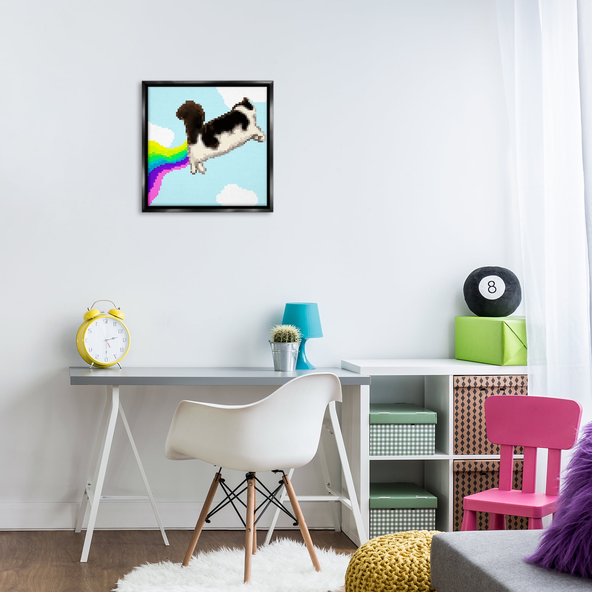 Stupell Industries Whimsical Cat Flying Animals Painting Black Floater Framed Canvas Art Print Wall Art, 18 x 18