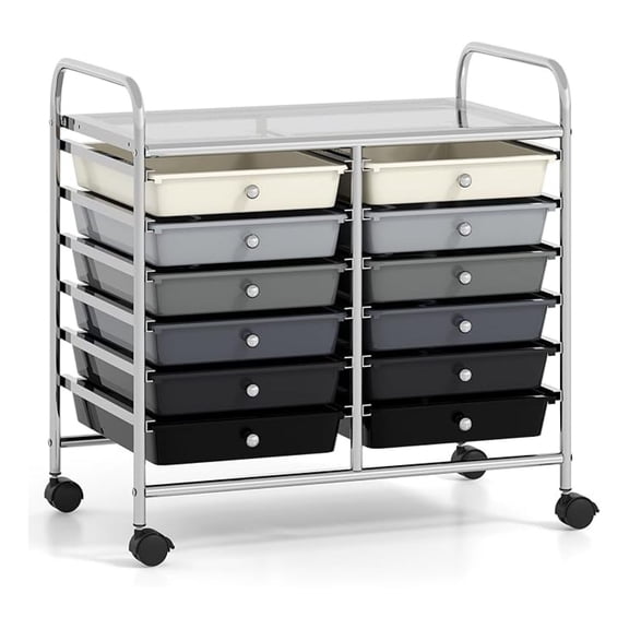 12-Drawer Rolling Storage Cart, Multifunctional Art Organizer Cart, Mobile Utility Storage Cart with Removable Drawers & Lockable Wheels, Cart for Home Office School, Grey Gradient