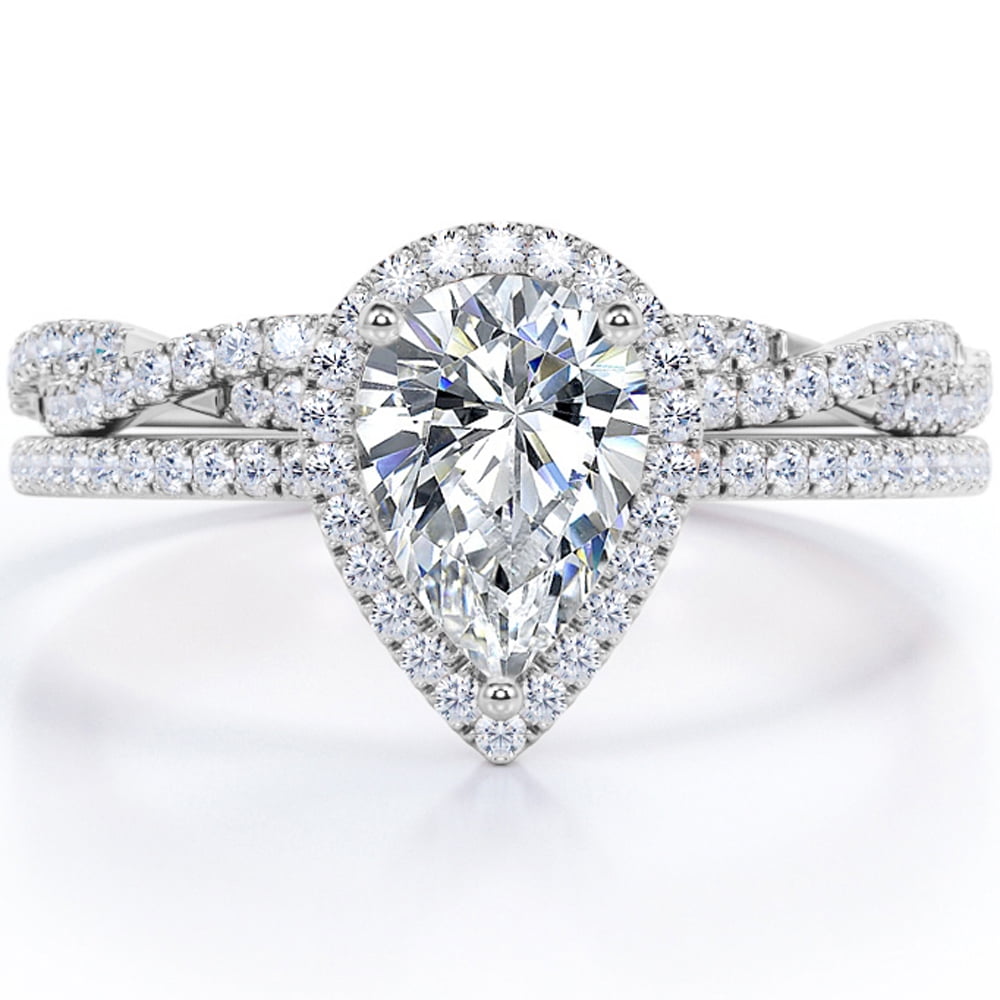 JeenMata Halo Pave Design - 1.25 Carat Teardrop Moissanite - Infinity Twisted Shank Wedding Ring Set - 18K White Gold Plating for Women
