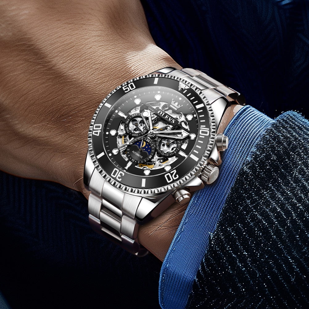 OLEVS Automatic Watches for Men Skeleton Self Winding Mechanical Fashion Dress Chronograph Moon Phase Stainless Steel Waterproof Luminous Mens Wrist Watches Gift Reloj Para Hombre