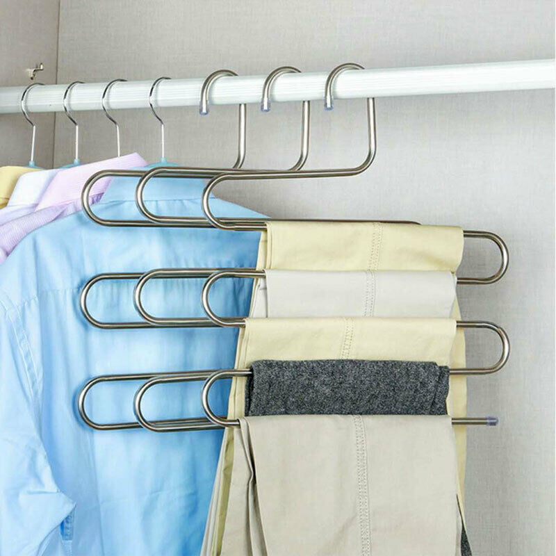 S Shape Clothes Pants Trouser Hanger 5 Layer Storage Rack Closet Space Saver. 