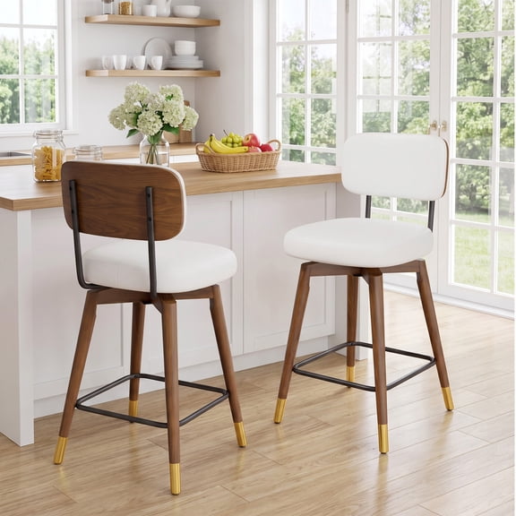 Daluvenix Swivel Bar Stools Set of 2, 26" Counter Height Barstools with Back & Footrest, Mid Century Upholstered Faux Leather Modern Bar-Chairs for Kitchen Island Dining Room