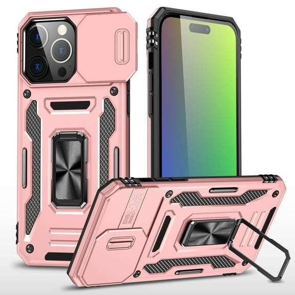Military Grade Ring Holder Case with Camera Lens Cover for iPhone 15 Pro Max - Rose Gold