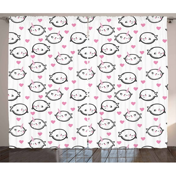 Ambesonne Narwhal Curtains 2 Panel Set, Doodle Style Whales, 108" x 84", Pink Black White