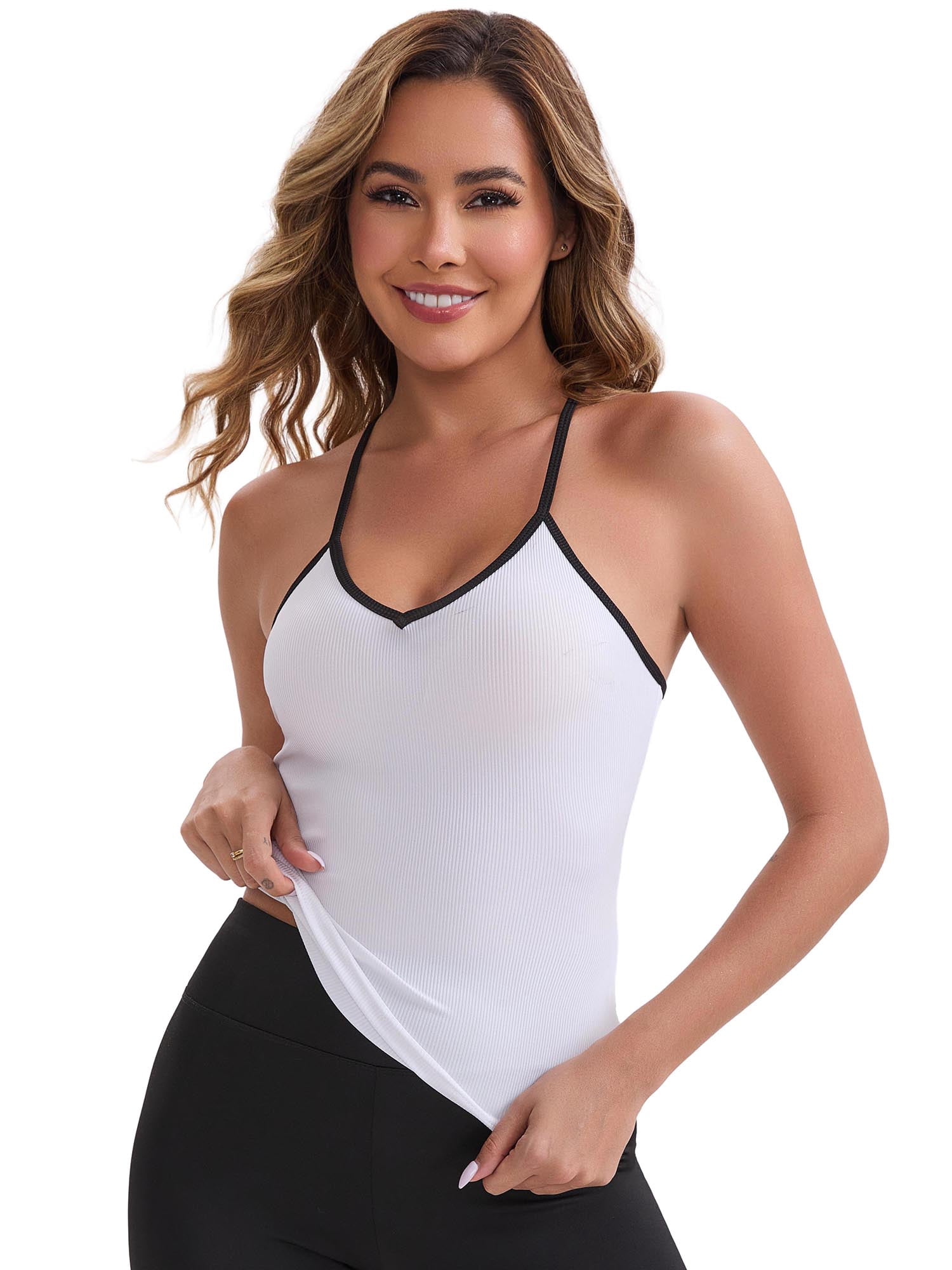 DARING DIVA Women's Colorblock Ice Silk Spaghetti Straps V Neck Tank Top M White
