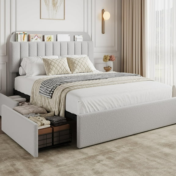 Full Platform Bed Frame – Boucle Upholstered with Storage Headboard, Bookcase and 2 Drawers – Noise Free, No Box Spring – Easy Assembly – Beige, Pink, Blue, Gray, Yellow