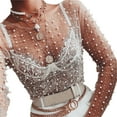 thumbnail image 5 of Douhoow Women's Pearl Rhinestone Mesh Tops Long Sleeve See Through Sheer Blouse Beach Cover Up Crop Top, 5 of 7