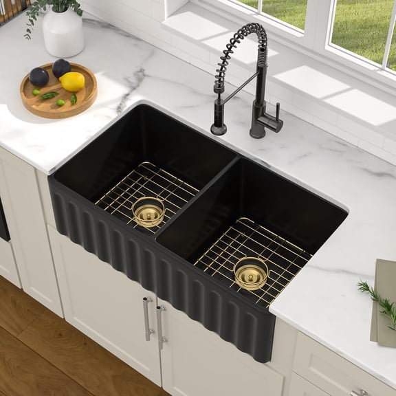 Dcolora 33" Black Ceramic Porcelain Farmhouse Sink, Fireclay Apron Front Kitchen Sink with Gold Accessories, Deep Double Bowl Design, 33"x18"x10"