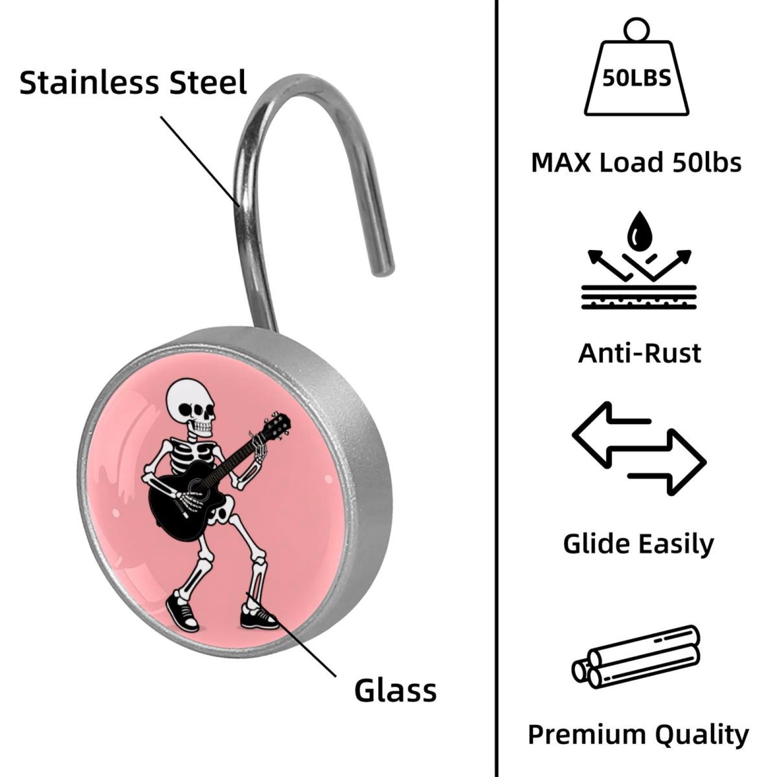 12pcs Decorative Shower Curtain Hooks, Rust Resistant Shower Rings for Bathroom Living Room,Rustproof Stainless Steel Rings for Shower Curtain and Liner Rods,Guitar Skeleton Pink