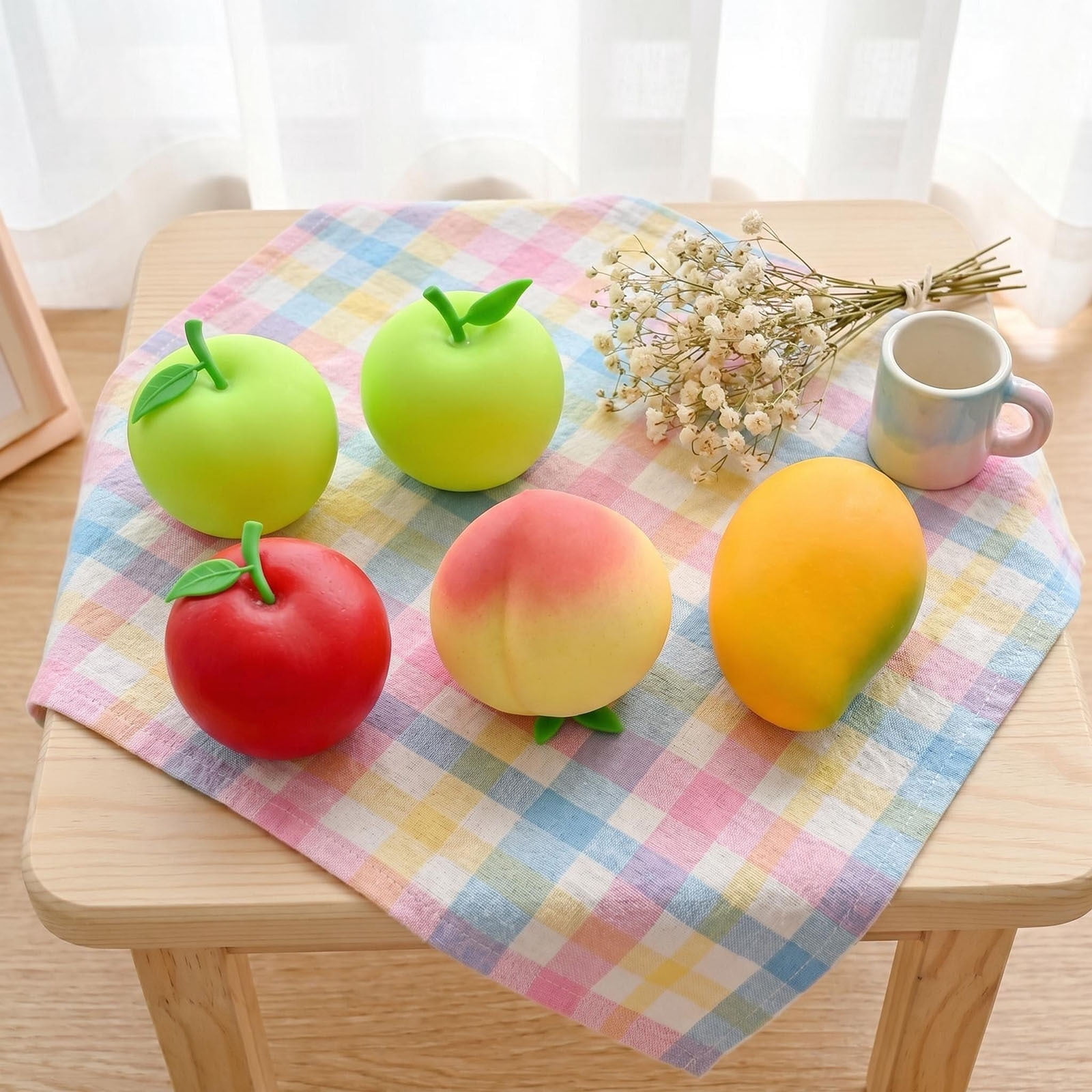 6-Pack Fruit Shaped Stress Squishy Toys, Slow Rising PU Squeeze Realistic Apple Peach Mango Themed Anxiety Relief Fidget, Kitchen Decor Props, Stress Management Gift