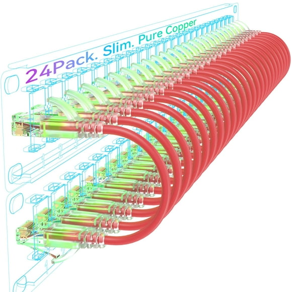 Cable de conexión Ethernet Sokqovt Cat6a delgado, 1 pie, 24 unidades, rojo
