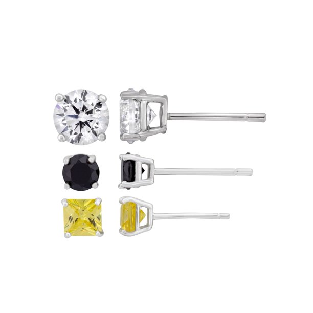 Forever New MultiColor CZ Sterling Silver Stud Earring Set, 3 Pair