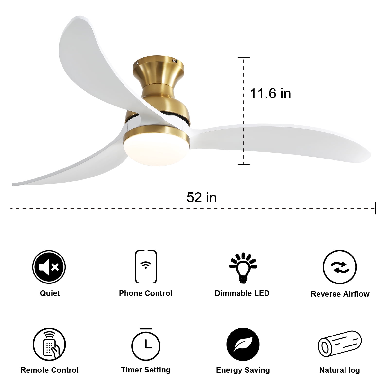 Sofucor 52" Gold Modern Ceiling Fan with LED Light and Remote Control