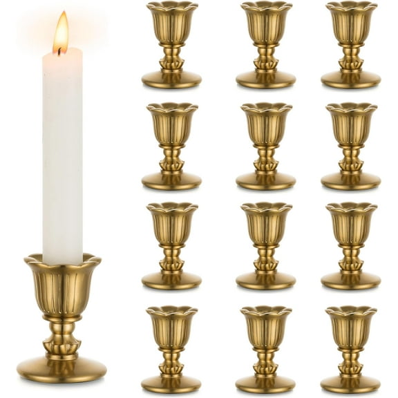 Vintage Candlestick Candle Holders Brass - Taper Gold Candle Stick Victorian Style for Table Centerpiece Wedding Reception Festive Christmas Mantel Decoration or Home Decor Set of 12
