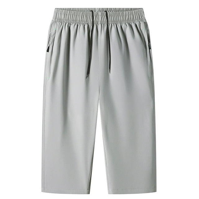 Cinvoph Capri Pants for Men Elastic Waist Solid Color Capris with Pockets Relaxed Fit Wide Leg Pants