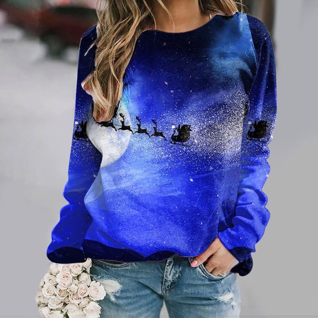 Chandails en Molleton de Noël Mode Femme Imprimé Col Rond Chandail Tops Manches Longues Blouse Confortable Chandail en Molleton Mignon Chandails à Capuchon en Liquidation