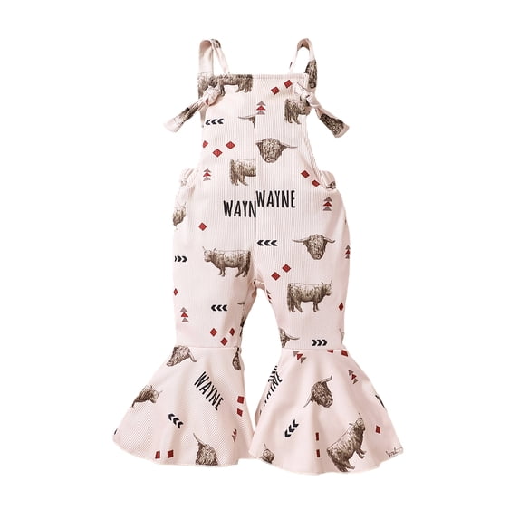 hirigin Kids Girls Suspender Pants, Sleeveless Bull Print Summer Flare Pants for Casual Daily
