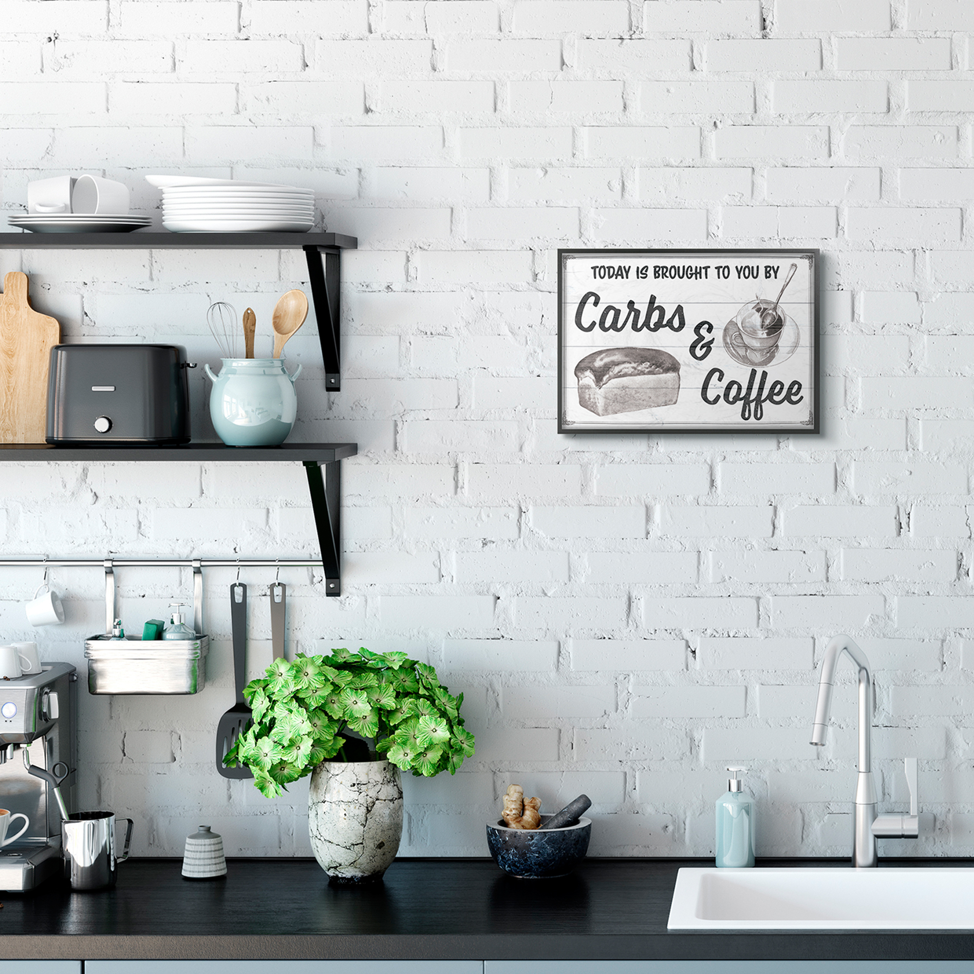 Stupell Industries Carbs and Coffee Kitchen Humor Rustic Word Design Graphic Art Black Framed Art Print Wall Art, 11x14, by The Saturday Evening Post