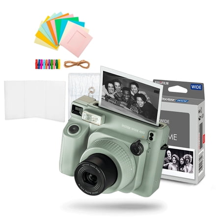 Fujifilm Instax Wide 400 Camera with Built-In Automatic Electronic Flash and Self-Timer (Green) Bundle with Fujifilm Instax Wide Monochrome Film and Accessory Kit Bundle (3 Items)