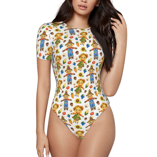 Balery Harvest Scarecrow Pattern Body de cuello redondo de manga corta para mujer Tops de manga corta Tops básicos-Medium