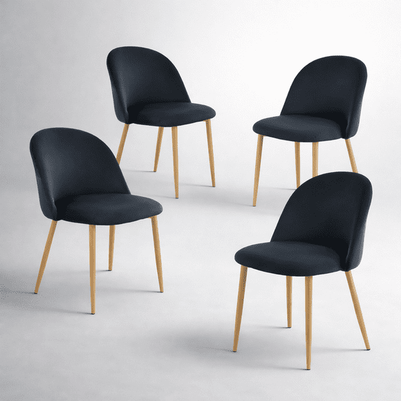 Sillas de Comedor de Terciopelo con Patas de Acero Acabado Tipo Madera Estilo Moderno - Sillas de Comedor Tapizadas Minimalista con Relleno Suave Set 4 Piezas Negro