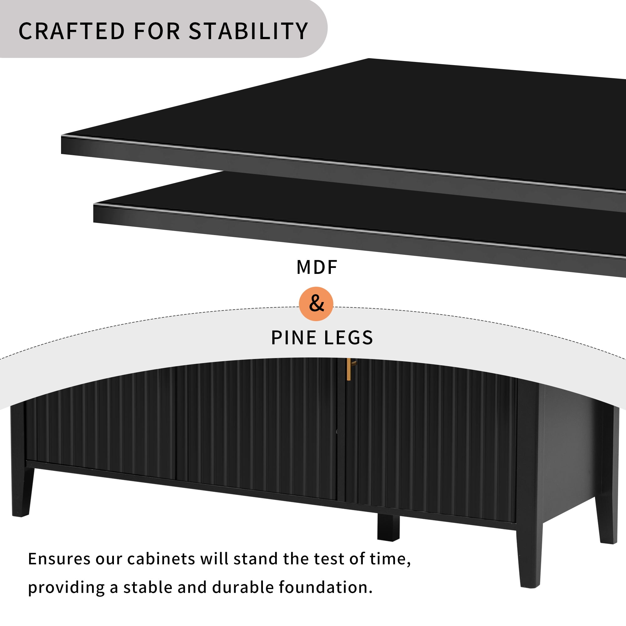 Mintazer 46.8" Fluted Sideboard Buffet Cabinet with 3 Door, Modern Wave Slatted Storage Credenza with Gold Metal Handles for Dining Room Living Room Entryway, Black