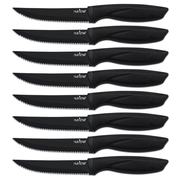 8 Piece Kitchen Knife Set - Multi-purpose Unbreakable Ergonomic Non-stick Stainless Steel Kitchen Steak Knives Set with Fully Serrated Blades - Great for BBQ Grill - NutriChef NCSK8BK (Black)
