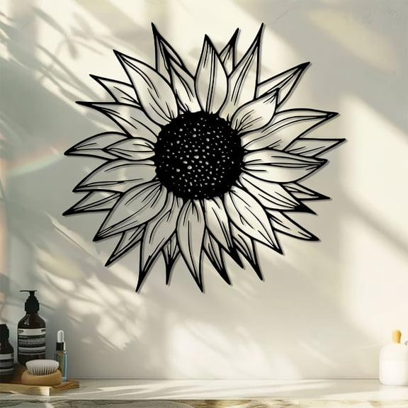 Minimalist Sunflower Metal Wall Art - 15.5x15 Inch Black & Gold Nordic Decor for Patio/Balcony, Housewarming & Wedding Gift, Weather-Resistant Outdoor Sculpture
