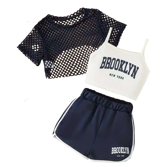 Tiijoy Little Girls Outfits Casual Active Camisole Mesh Tee Shorts 3Pcs Set, Sizes 5-6