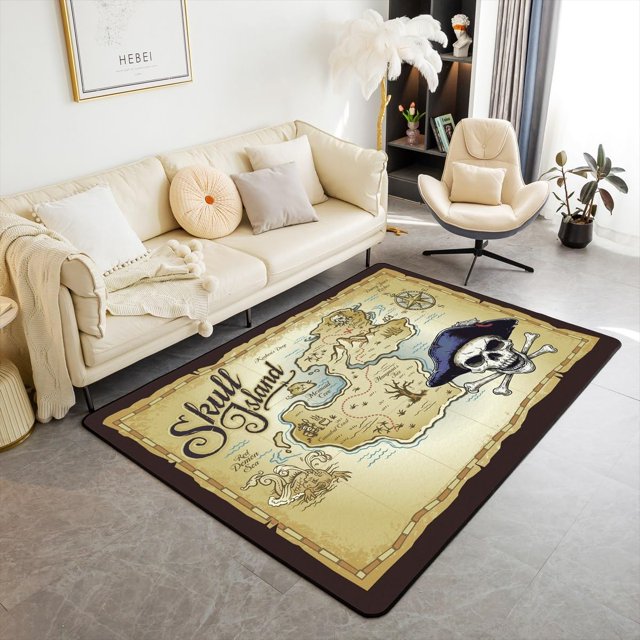 jejeloiu Nautical Area Rug 5x7 Inch Ocean Themed Rugs for Bedroom Living Room Marine Pirate Summer Holiday Map Yellow Decorative Rug