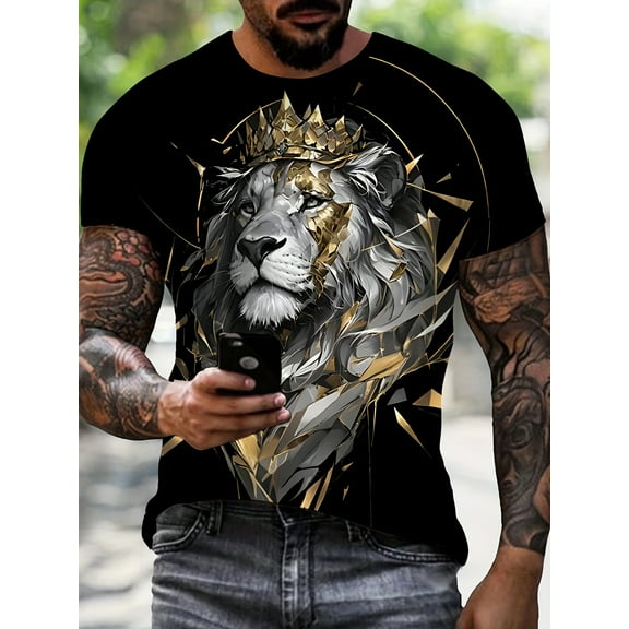 Men's 3D Lion Crown Pattern T-shirt-Elastic, Breathable Polyester Fiber | Digital Printing Casual Street Clothing | Crew Neck Short Sleeve | Perfect for Daily Wear and Vacation