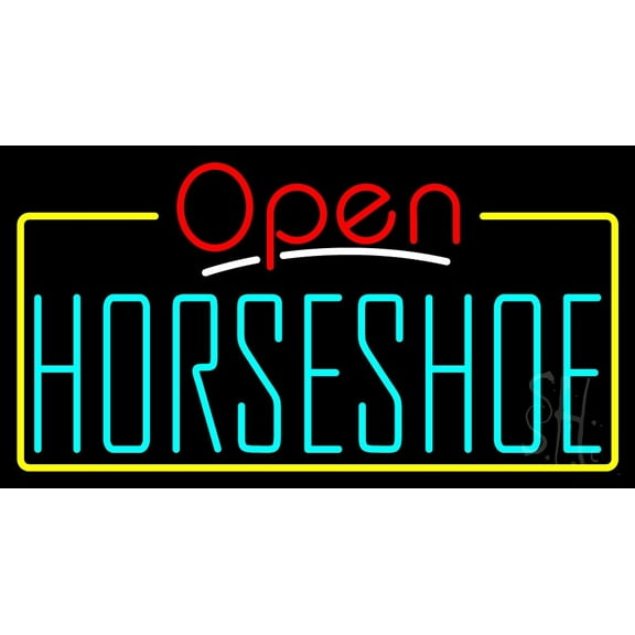Turquoise Horseshoe Open LED Neon Sign 20 x 37 - inches, Black Square Cut Acrylic Backing, with Dimmer - Bright and Premium built indoor LED Neon Sign for store interior Décor, Storefront.