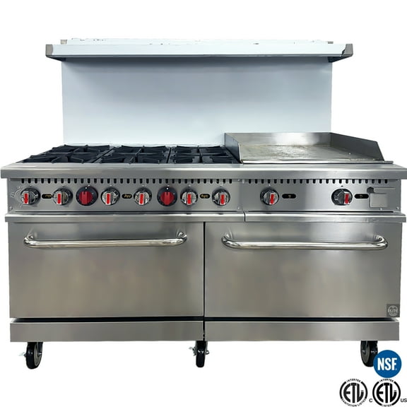 60-Inch Commercial Gas Range with 6 Burners, Flat Griddle, and Double Standard Ovens – Stainless Steel， NSF