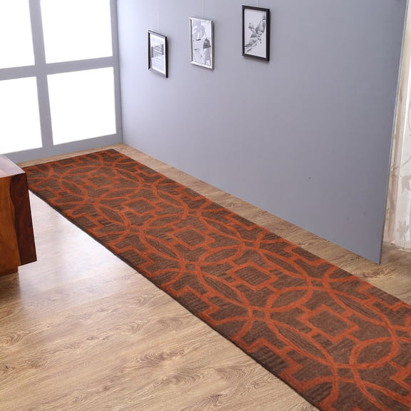 Rugsotic Carpets Hand Tufted Wool Eco-Friendly 2'6''x8' Area Rugs Runner Brown Orange Geometric Modern High Pile Thick Handmade Anti Skid Indoor Rug for Living Room, Bedroom K00239