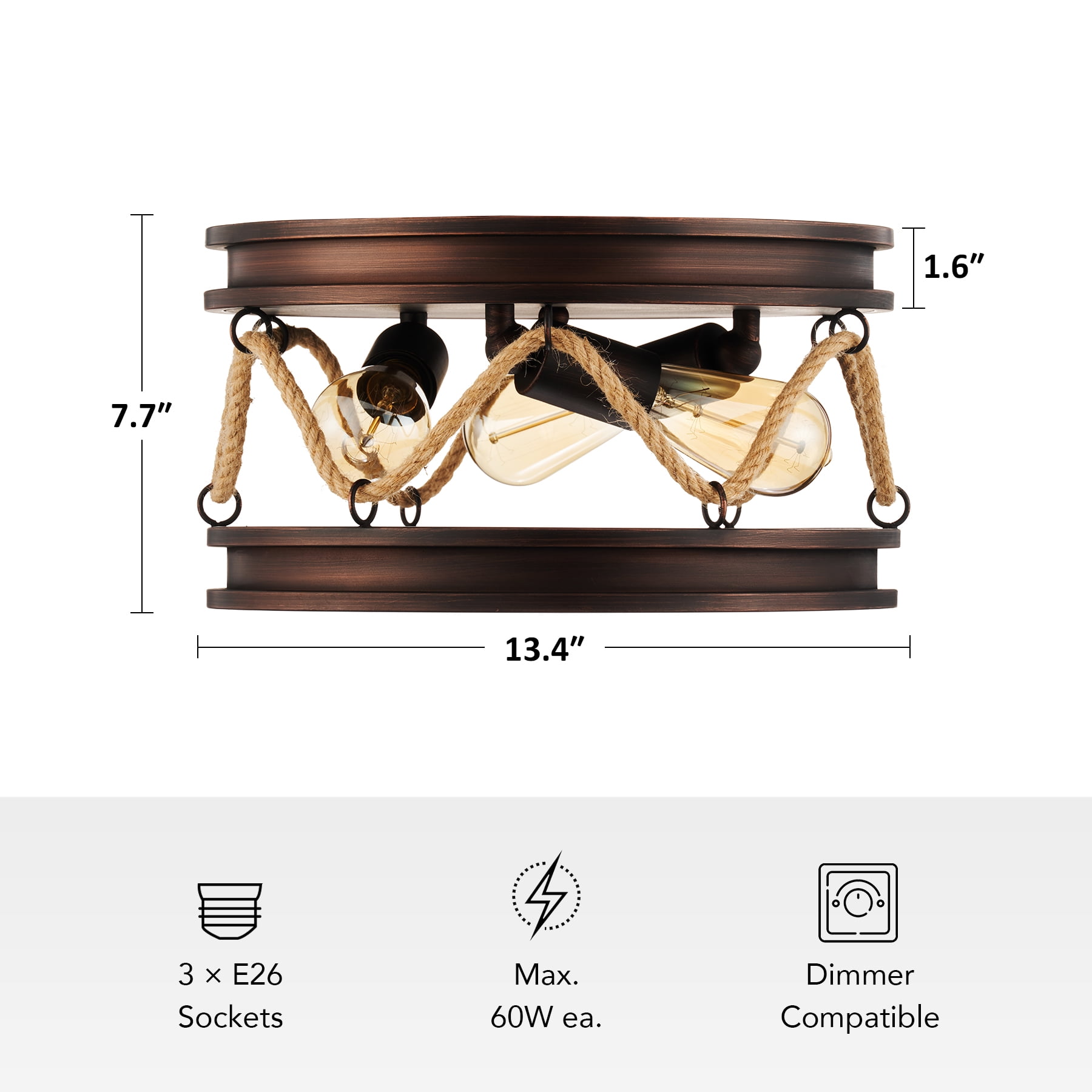 Bestco Rustic Ceiling Light Fixture with Rope Drum Shade for Kitchen Kids Room Bedroom