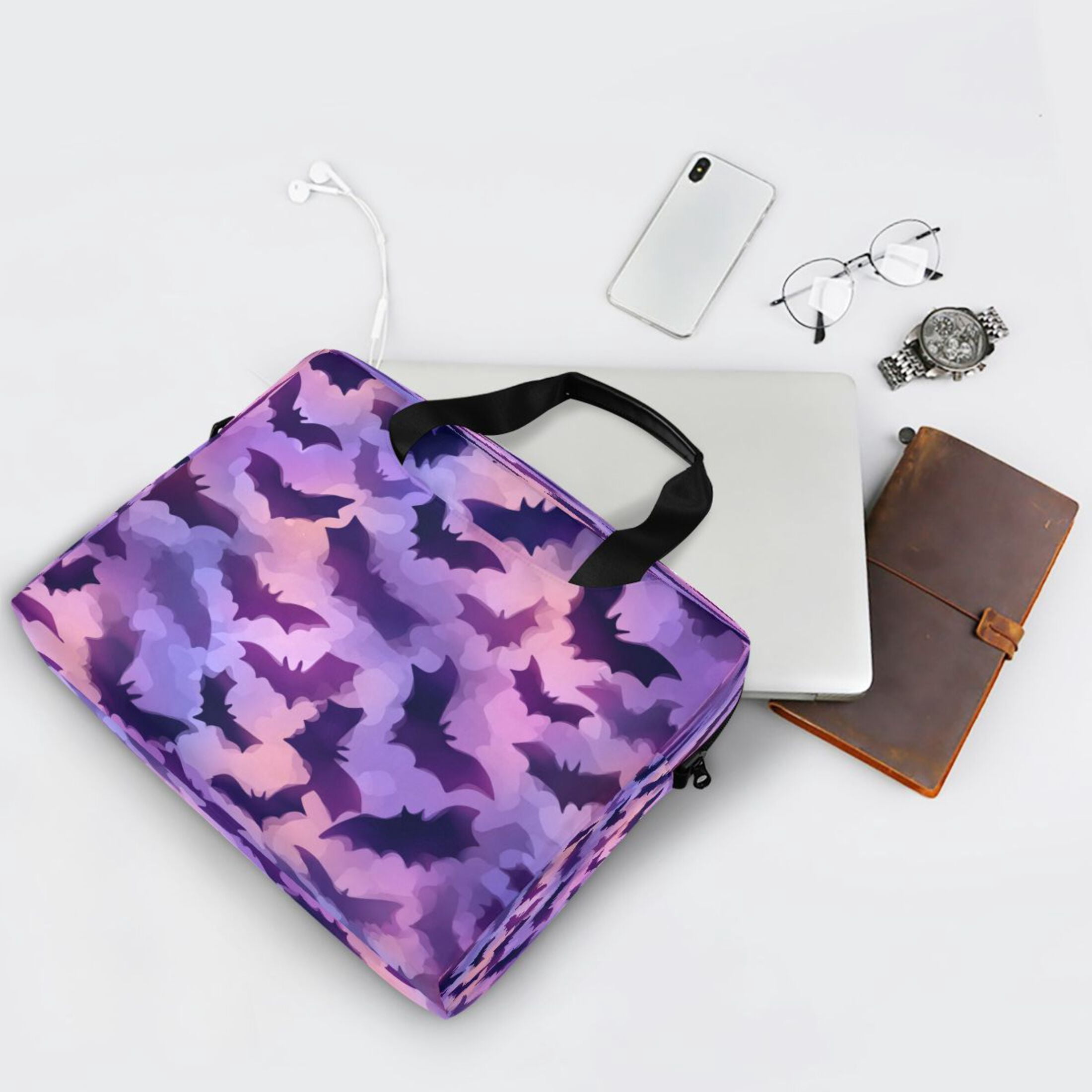 16" Laptop Tote Bag Laptop Sleeve Case Computer Briefcase for Work & Travel Purple Bats Pattern