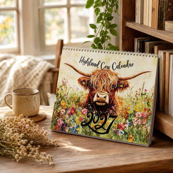 LEFXSMR 2027 Wall Calendar, 8.19"x11.02" Watercolor Floral Highland Cow 12 Monthly Calendar, Spiral Bound Thick Wall Calendar Planner for Home Office