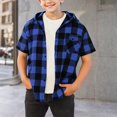 thumbnail image 2 of CAICJ98 Boys Girls Short Sleeve Button-up Shirt with Hood Unisex Kids Cotton Plaid Hoodie Flannel Fall Shirts (Blue,14-15 Years), 2 of 5