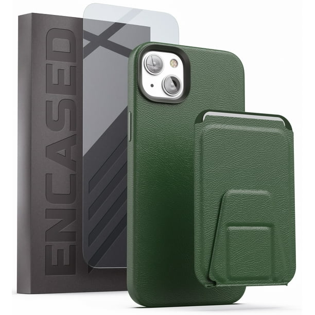 Encased MAG Case Wallet Set - Designed for iPhone 14 PLUS Leather Case with  Screen Protector and Kickstand Card Holder - Compatible with MagSafe (Dark 