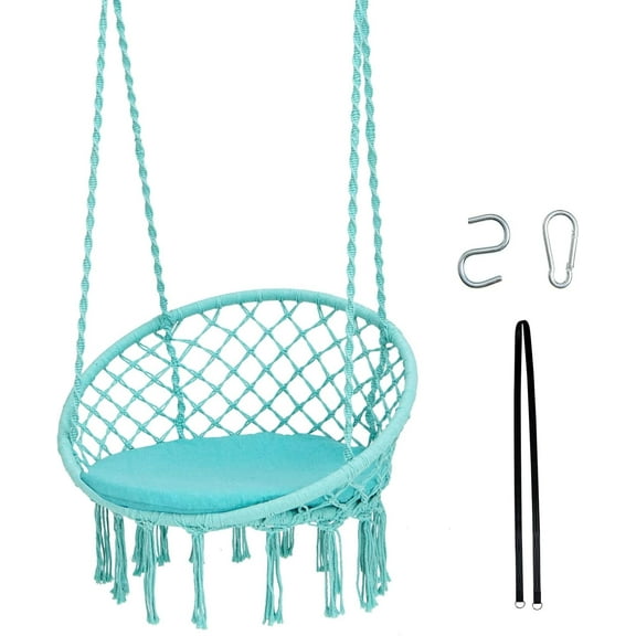 Tangkula Hammock Chair with Cushion, Bohemian Style Macrame Swing Chair with Hanging Hardware Kit & Strap, Indoor Outdoor Hanging Rope Swing for Bedroom, Indoor, Outdoor (Turquoise)